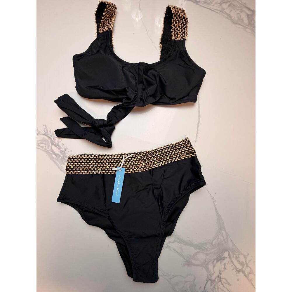 NWT Black Gold Trim High Waist Bikini Set Small